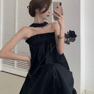 Ruffle Trim Halter-neck Plain Midi A-line Dress