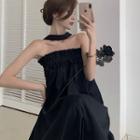 Ruffle Trim Halter-neck Plain Midi A-line Dress