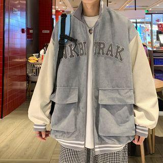 Color Block Lettering Print Baseball Jacket