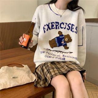 Bear Print Lettering Sweater White - One Size