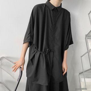Elbow-sleeve Tie-strap Plain Shirt Black - One Size