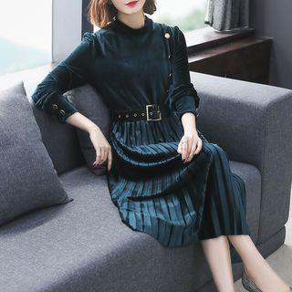 Velvet Long-sleeve Midi Pleated Dress