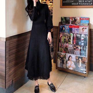 Lantern-sleeve Knit Midi A-line Dress