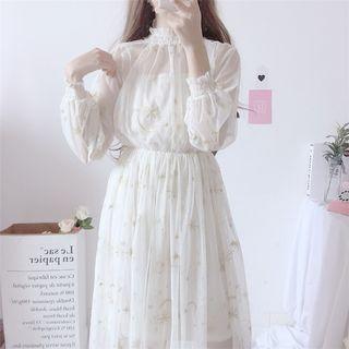 Set: Embroidered Long-sleeve A-line Dress + Slipdress