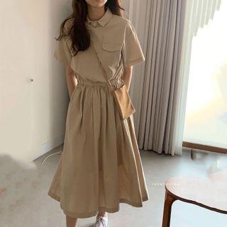 Short-sleeve Collared Midi A-line Dress Almond - One Size