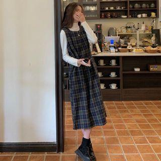 Plaid Midi Overall Dress / Long-sleeve Mock-neck T-shirt