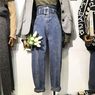 Seam Front High-waist Washed Jeans