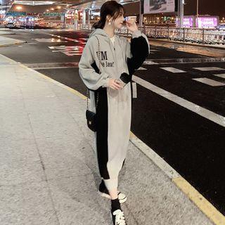Lettering Hooded Zip Long-sleeve Midi Dress