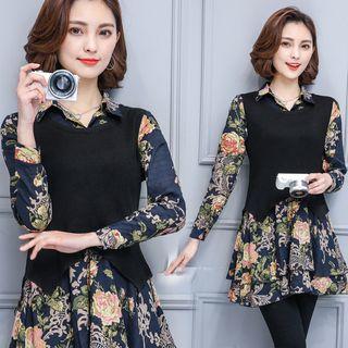 Long-sleeve Mock Two-piece Blouse