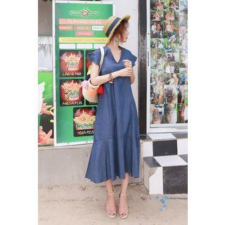 Short-sleeve Flutter-sleeve Ruffle-hem Denim A-line Midi Dress