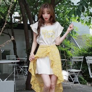 Set: Frill-trim Long T-shirt + Lace Skirt
