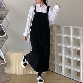 Plain Corduroy Midi Overall Dress