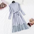 Set: Irregular Hem Long-sleeve Knit Dress + Lace A-line Skirt