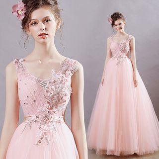 Sleeveless Applique Beaded Evening Gown
