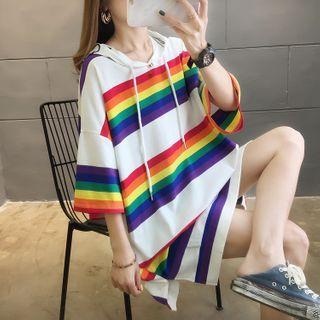 3/4-sleeve Oversize Striped Hoodie