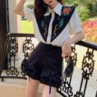 Flower Embroidered Blouse / Bow Shorts