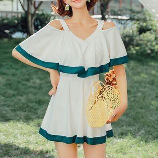 Cold-shoulder Contrast Trim Swimdress