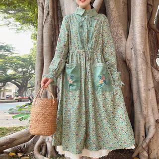 Long-sleeve Floral Print Embroidered A-line Dress
