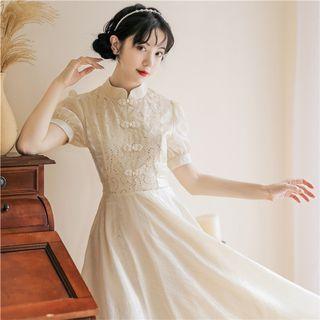 Short-sleeve Sequined Lace Panel Midi A-line Dress