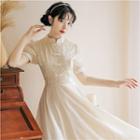 Short-sleeve Sequined Lace Panel Midi A-line Dress