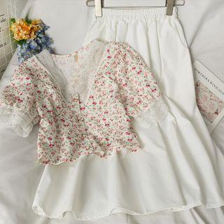 Set: Lace-trim Floral Crop Shirt + Midi Skirt