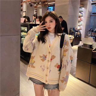 Long Sleeve V-neck Bear Jacquard Knit Cardigan