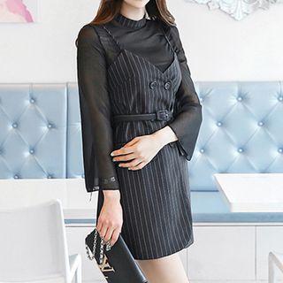 Set: Sheer Top + Striped Jumper Dress