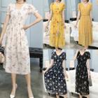 Short-sleeve Floral Print A-line Midi Chiffon Dress