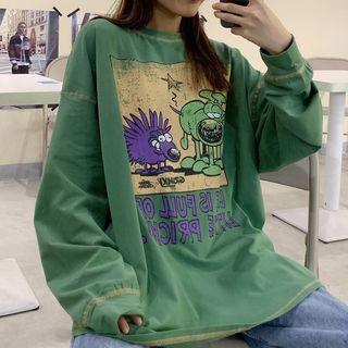 Cartoon-print Long-sleeve Round Neck T-shirt