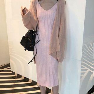 Open Front Cardigan / Sleeveless Knitted Midi Dress
