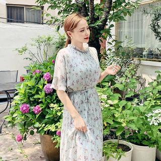 Floral Long Accordion-pleat Dress With Sash