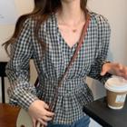 Plaid Long-sleeve Peplum Top Gingham - Black - One Size