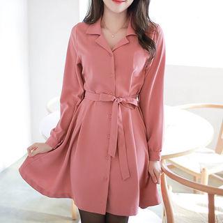 Open-placket Flared Midi Shirtdress With Sash