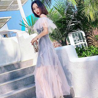 Off Shoulder Short-sleeve Sheer Panel Midi Dress