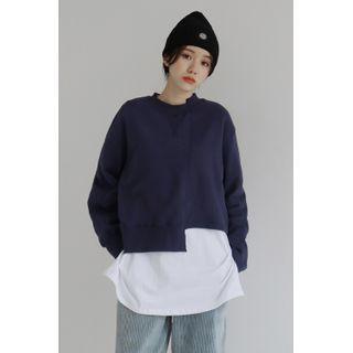 Asymmetric-hem Cropped Pullover Navy Blue - One Size