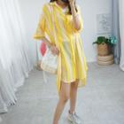 Elbow-sleeve Striped Shirt Dress Stripes - Yellow & White - One Size