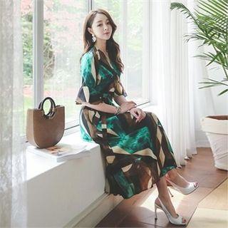 Ruffle-sleeve Patterned Maxi Dress