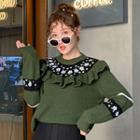 Flower Embroidered Ruffle Long-sleeve Knit Top Green - One Size
