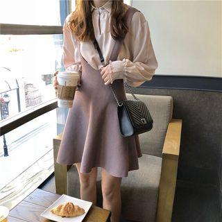 Long-sleeve Collared Top/ Mini A-line Suspender Skirt