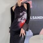 Set: Long-sleeve Crop Top + Halter Collar Leaf Print Midi Sheath Dress