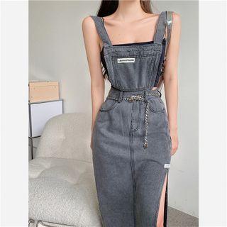 Spaghetti-strap Denim Slit Midi A-line Dress