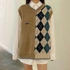 Long-sleeve Plain Shirt / Argyle Panel Knit Vest