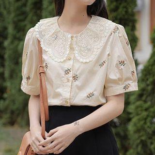 Short-sleeve Leaf Embroidered Lace Trim Shirt