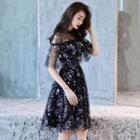 Short-sleeve Sequined Mesh Overlay Dress