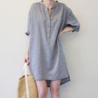Elbow-sleeve Striped High-low Shirt Dress