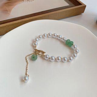 Faux Gemstone Faux Pearl Alloy Bracelet 1 Pc - Off-white & Green - One Size