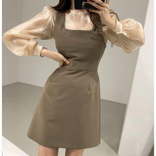 Long Sleeve Satin Top / Square Neck Mini A-line Pinafore Dress