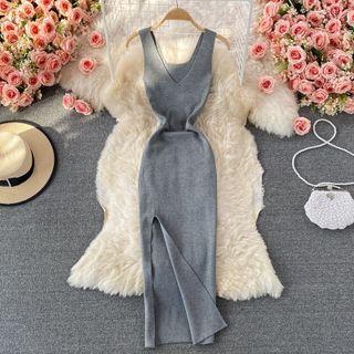 Sleeveless Side-slit Knit Midi Sheath Dress