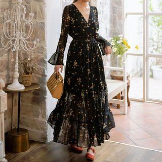 Flower Print Long-sleeve A-line Maxi Chiffon Dress