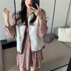 Long-sleeve Floral Mini A-line Dress / Fleece Vest